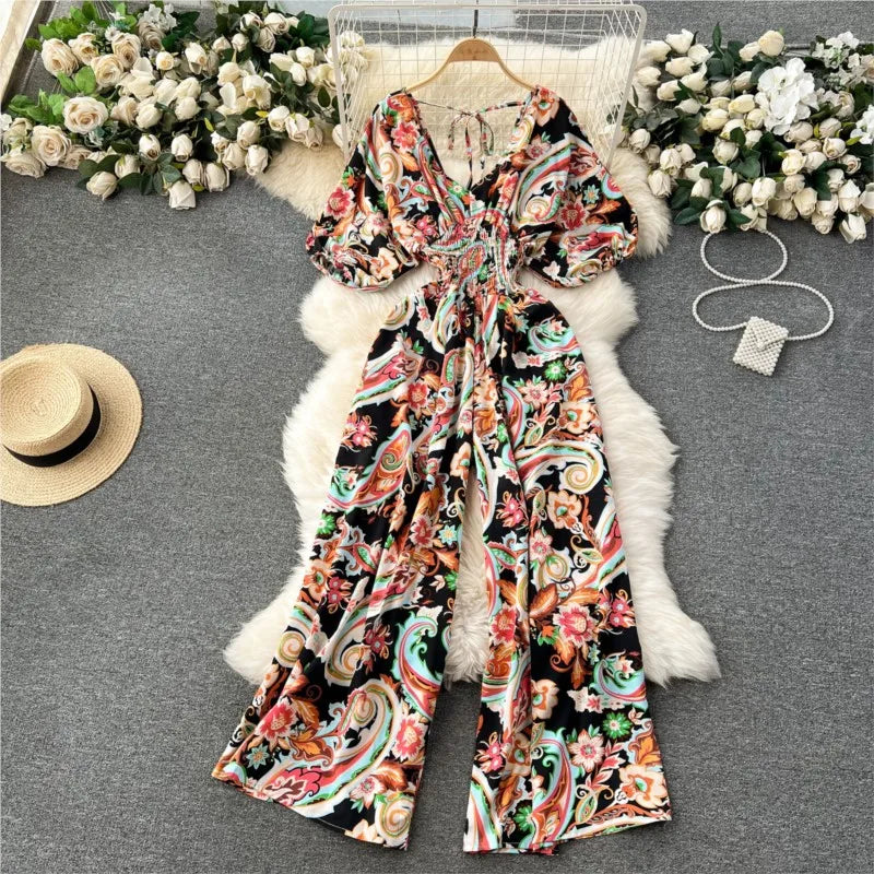 Women's Print Jumpsuit Casual V-neck Bubble Sleeve Backless Lace-Up Slimming Summer Beach Vacation Loose Wide Leg Jumpsuit