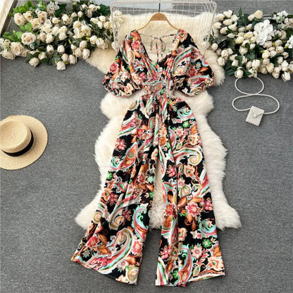 Women's Print Jumpsuit Casual V-neck Bubble Sleeve Backless Lace-Up Slimming Summer Beach Vacation Loose Wide Leg Jumpsuit