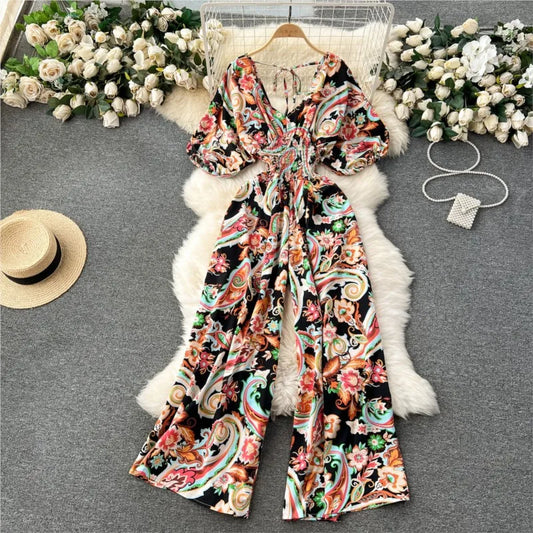 Women's Print Jumpsuit Casual V-neck Bubble Sleeve Backless Lace-Up Slimming Summer Beach Vacation Loose Wide Leg Jumpsuit