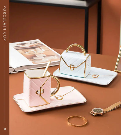 Handbag-Shaped Creative Mug With Saucer & Spoon Nordic Ceramic Milk Tea  Office Cups Drinkware  Coffee Cup Sets Gift