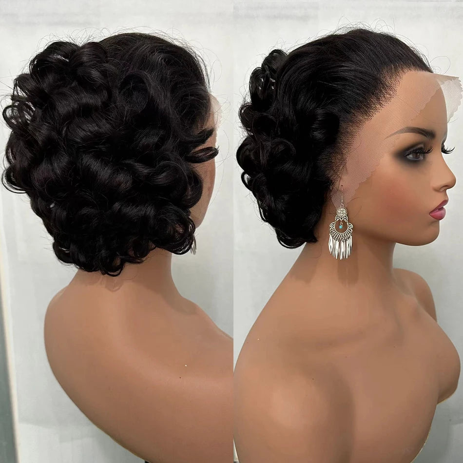 100% Human Hair Glueless Wigs 8" Short Loose Curly Glueless Pixie Cut 180% Density Brazilian Virgin Hair 13x4 Lace Frontal Wigs