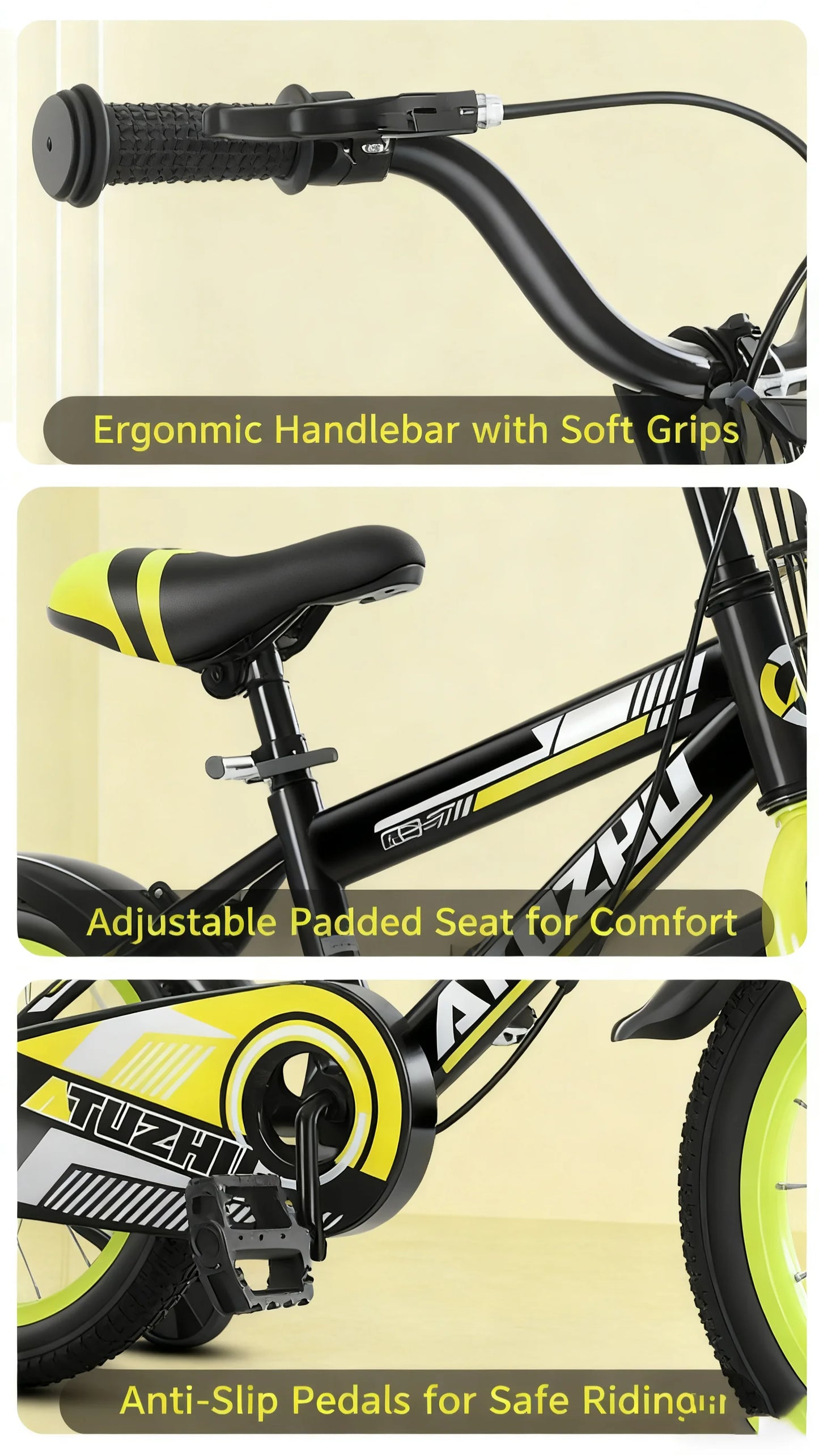 Bright Yellow Sports Style Children's Bicycle - 14 Inch 16 Inch 18 Inch Pedal Bikes for Boys And Girls Aged 3-9 Years Old