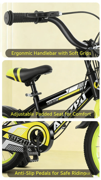 Bright Yellow Sports Style Children's Bicycle - 14 Inch 16 Inch 18 Inch Pedal Bikes for Boys And Girls Aged 3-9 Years Old