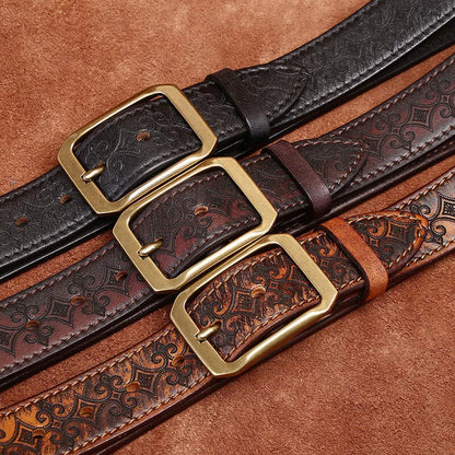 3.8CM Thickened Italian Pure Cowhide High Quality Genuine Leather Belts for Men Carving Strap Male Brass Buckle Jeans Cowboy