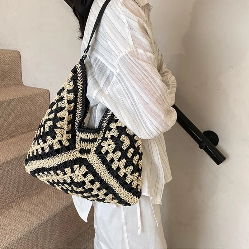 Ladies Knitted Straw Handbag Hollow out Hand Woven Beach Shoulder Bag for Women Seaside Tote Perfect for Vacations