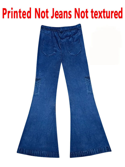 8175 [Printed Pants - Not Faux Denim Fabric][Imitation Faux Denim Flare Pants] Printed Flare Trousers Without Texture