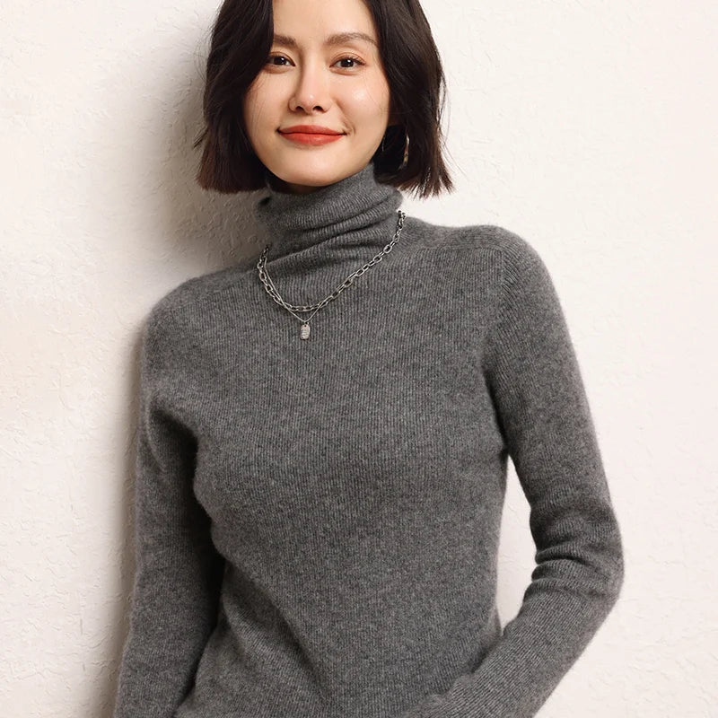 100% cashmere sweater women's knitted pullover sweater high neck solid color slim fit soft cashmere basic women's sweater