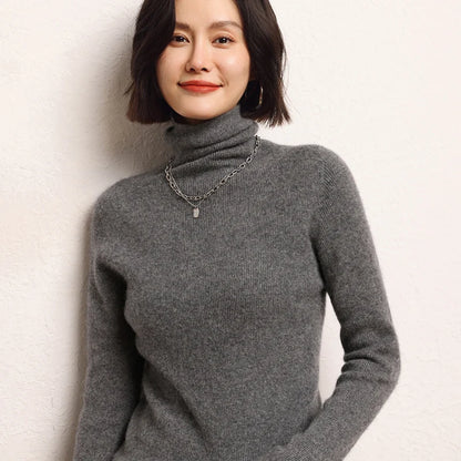 100% cashmere sweater women's knitted pullover sweater high neck solid color slim fit soft cashmere basic women's sweater