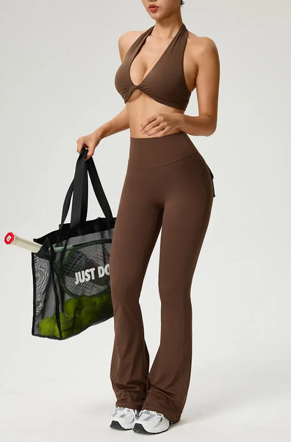 Women's Flared Pants Yoga Leggings Bell-bottoms Tight Elastic Breathable Sports Pants Back Waist Pockets Womens Clothing