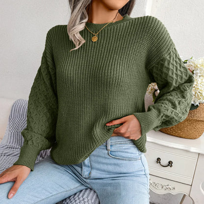 2024 Autumn Winter Casual Lantern Long Sleeved Knitted Sweater Fashion Army Green Round Neck Sweater Elegant Knitted Pullover