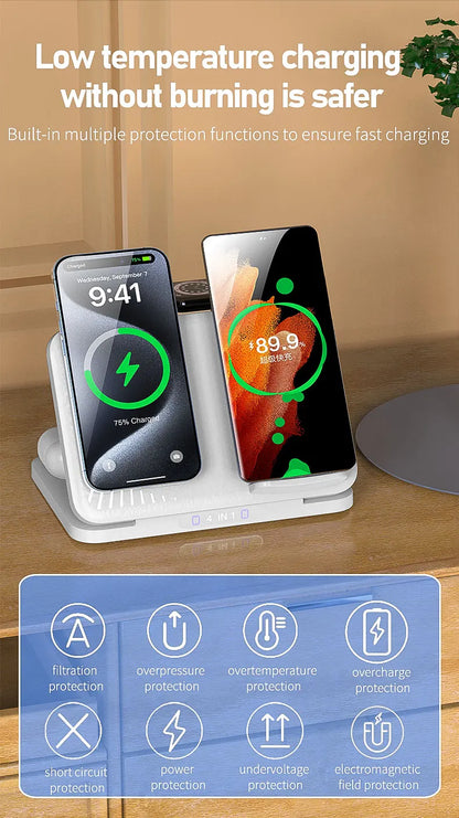 4 in 1 Dual Phone Wireless Charger Stand Magnetic Fast Charging For iPhone 17~12 Samsung S25 Xiaomi Airpods Pro Apple Watch 11~2