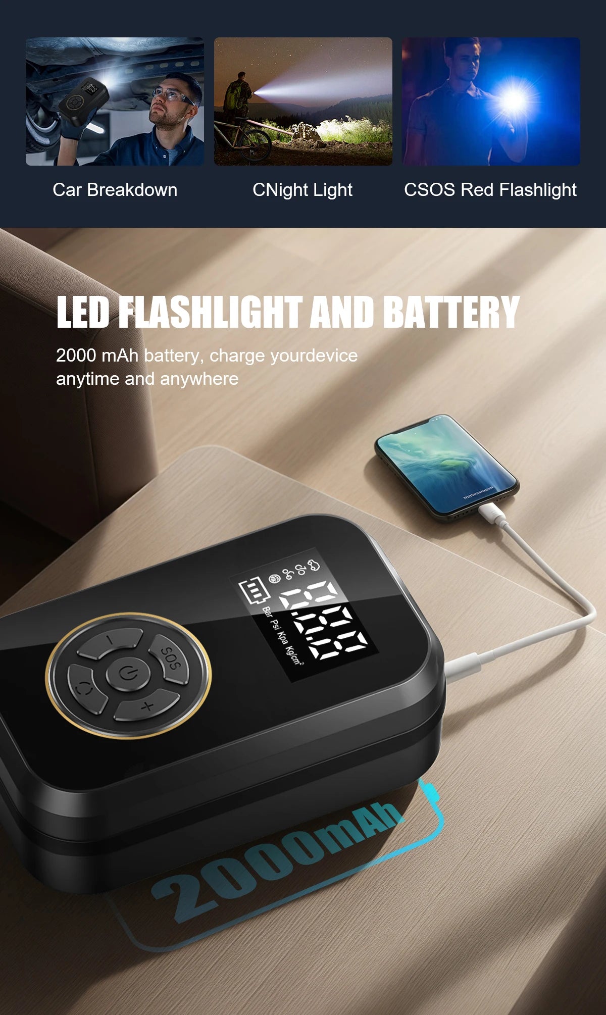 Multifunction Digital Air Pump, Portable Tire Inflator with SOS Light for Car Motorcycle Bicycle Tires, Balls, Boats, Camping
