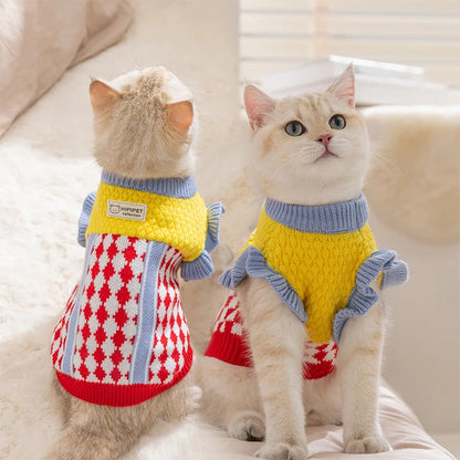 Diamond Grid Solid Cat Sweaters Warm Wool Knitting Winter Sphinx Small Dogs Clothing Ruffle Sleeve Female Girl Puppy Overalls