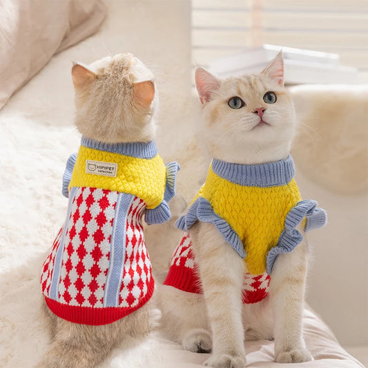 Diamond Grid Solid Cat Sweaters Warm Wool Knitting Winter Sphinx Small Dogs Clothing Ruffle Sleeve Female Girl Puppy Overalls
