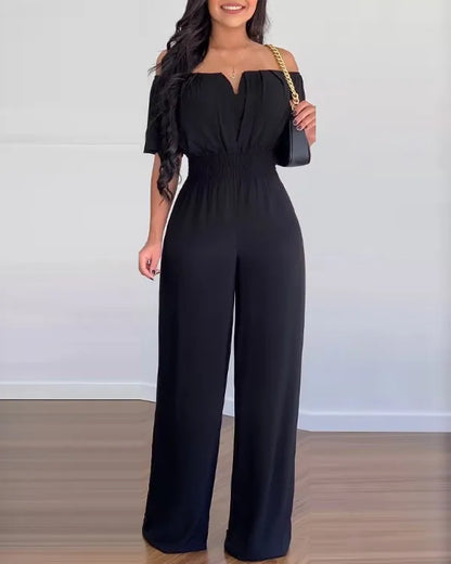 Summer New Women Sexy One Line Shoulder Solid Color Short Sleeve Jumpsuit Slim Elastic Waist Loose Straight Female Long Jumpsuit