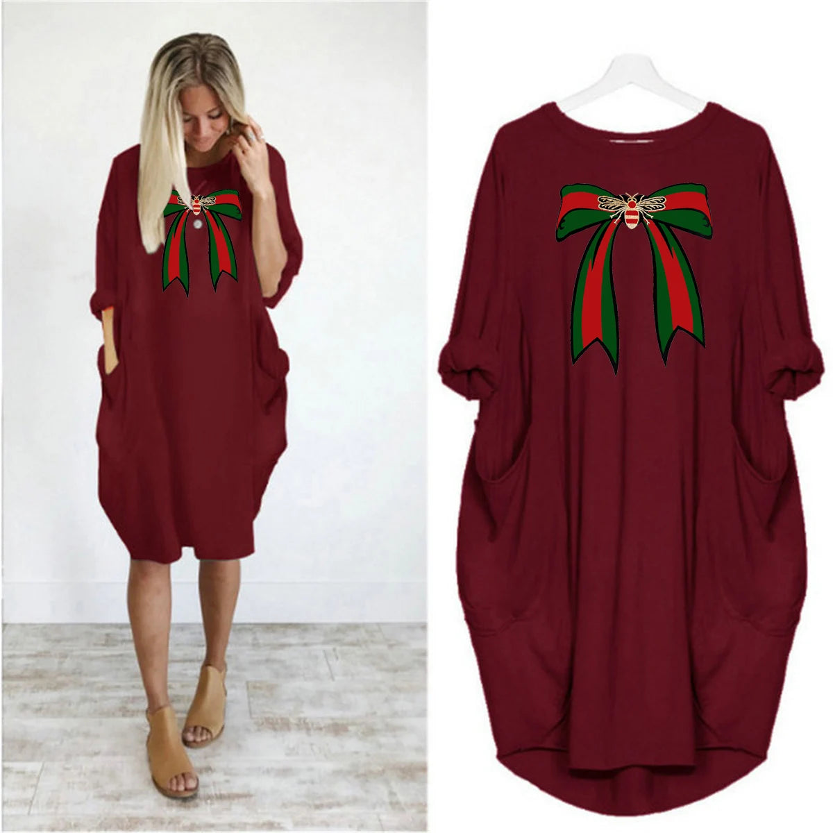 Ladies' summer loose bee bow pattern printed round neck short sleeved pocket comfortable casual plus size dress