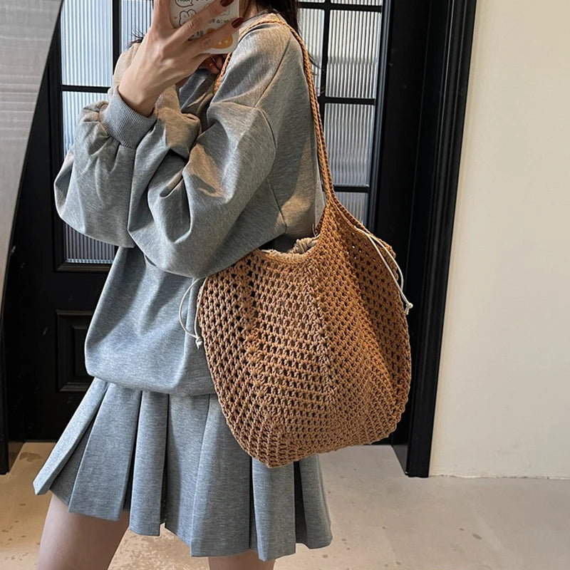 Chic Simple Lady Large Capacity Shoulder Bags Shopping Beach Bag for Women Casual Straw Woven Tote Bag Female Handbag Purses