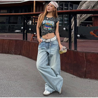 Women's Jeans Vintage Printed High Waist Zipper Pockets Straight Leg Trousers Female 2026 Spring Fashion Woman Clothes Outwears