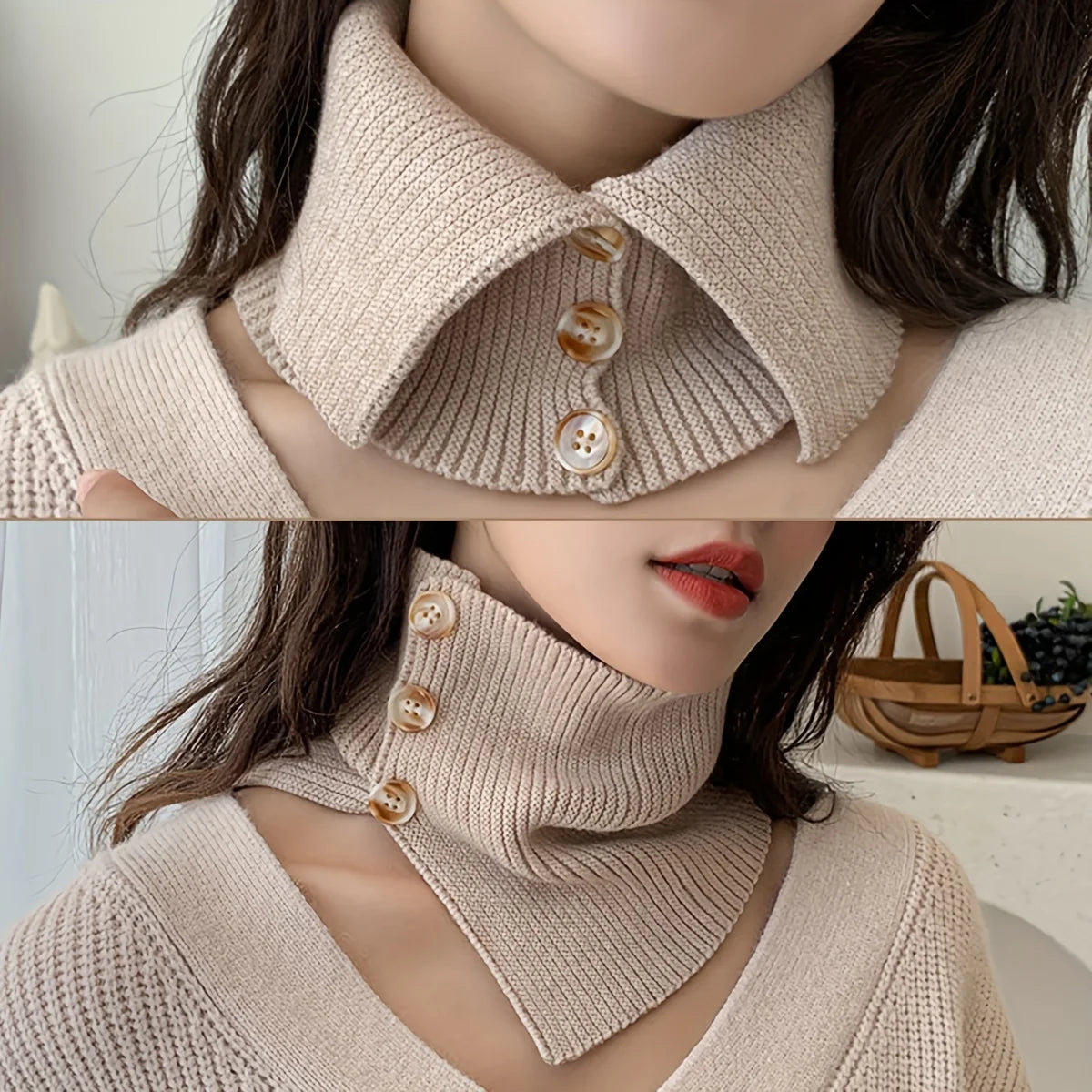 Winter Collar Scarf Windproof Warm Women Elegant Turtleneck Button Neck Cover Thermal Knitted Cold-proof Neck Guard Wrap