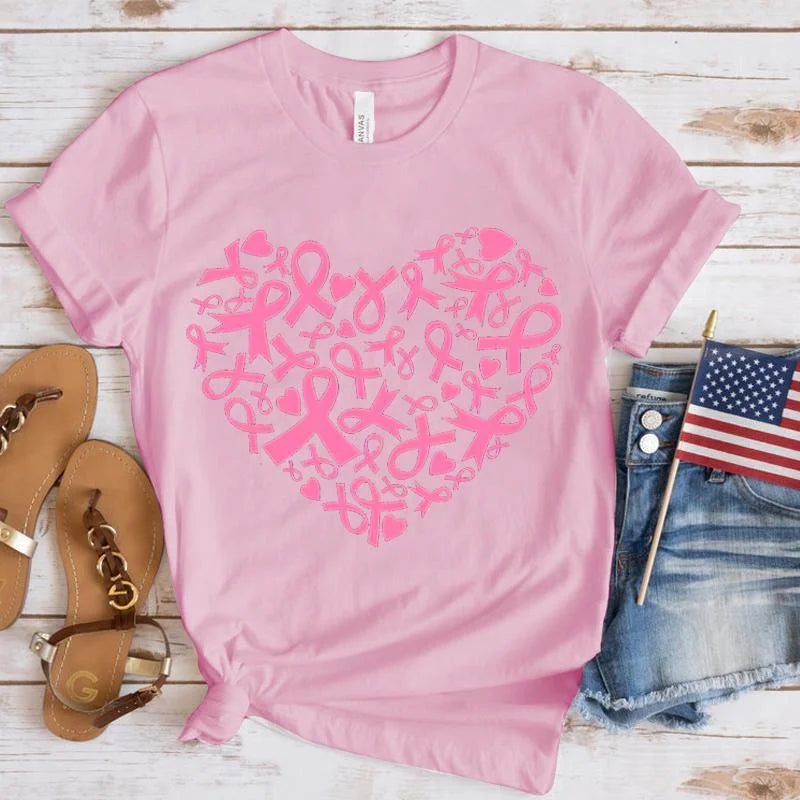New Breast Cancer Awareness Heart Print T-Shirt Men Women Fashion Short Sleeve Casual Summer Tops Tees