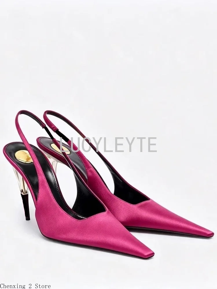 Women Satin Pointed‑Toe Stiletto Pumps with Clear Heel, Elegant Back Strap Dress Heels for Formal Dating Club Occasions