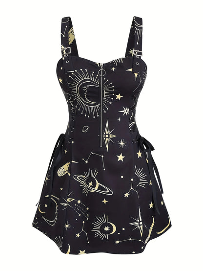 European and American trend oversized ladies slimming shoulder strap zipper full print skull pattern dress