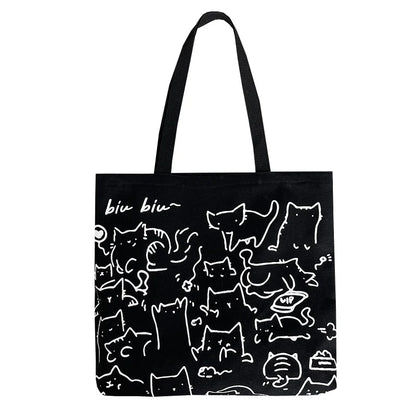 Canvas Bags Handbag for Women Shopper Cute Cat Tote Bag with Zipper Designer Bag Japanese Style Cartoon Small Shoulder Bags