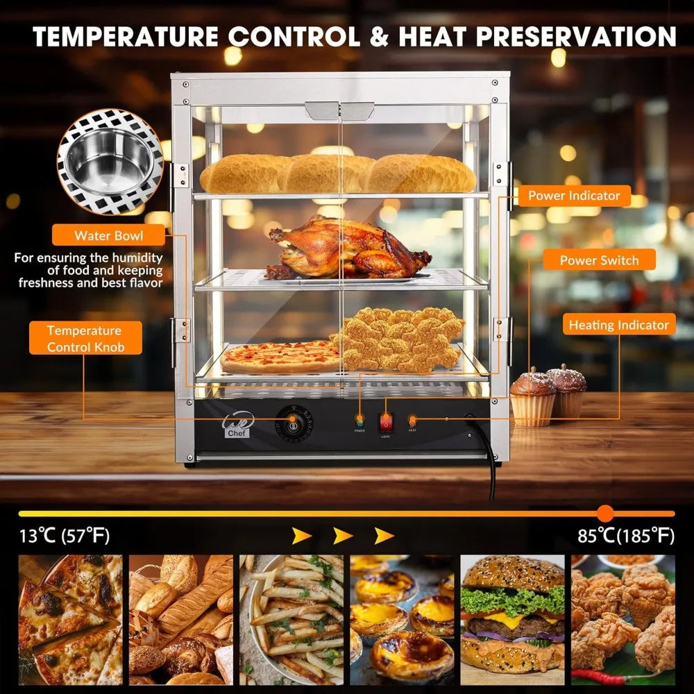 20" Commercial Countertop Food 3-Tier Pizza Warmer with LED Adjustable Lighting Food Heater Display Case Stainless Steel for Fo