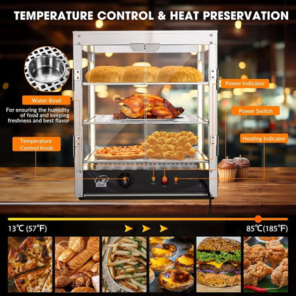 20" Commercial Countertop Food 3-Tier Pizza Warmer with LED Adjustable Lighting Food Heater Display Case Stainless Steel for Fo