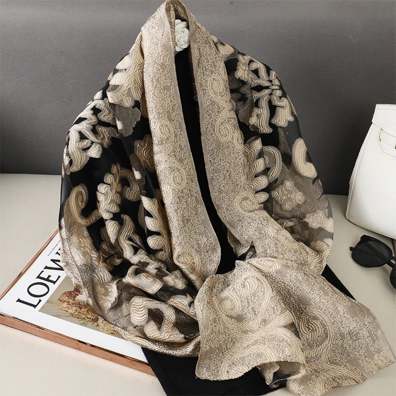 Fashion Women Cut Flowers Hollow Lace Gradient Flower Silk Scarf Spring Shawls and Wraps Towel Femme Beach Sjaals