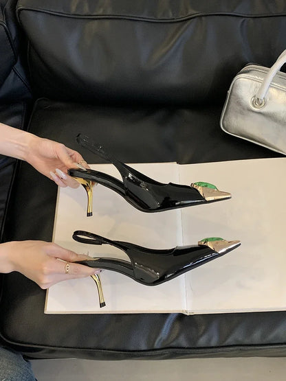 Fashion Design Inlay Gems Pointed Toe Patent Leather Sexy Slingback Sandals Women Pumps High Heels Wedding Banquet Shoes