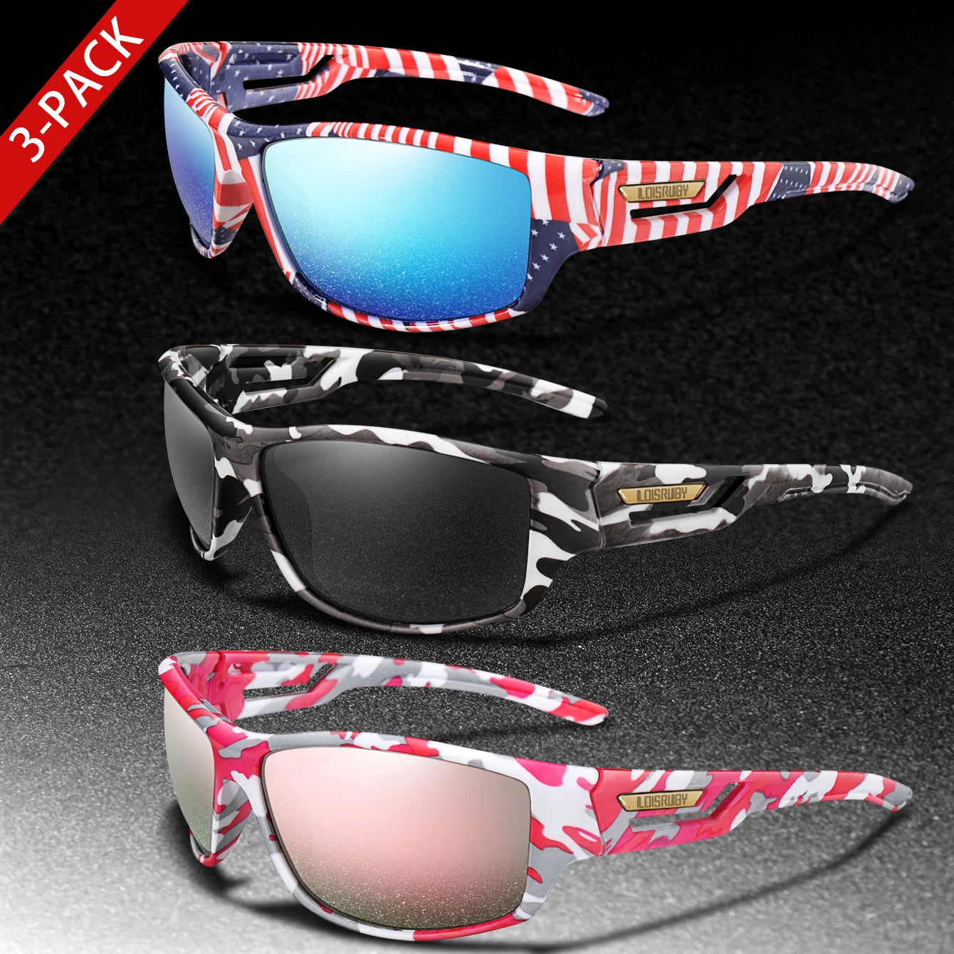 3 Pairs Polarized Fishing Sunglasses Men Camo Military Style UV400 For Cycling Riding, Running, Fishing And Driving