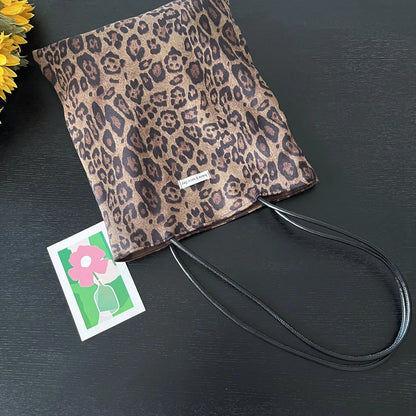 Vintage Faux Suede Women's Leopard Shoulder Bags PU Strap Double Side Female Purse Handbags Fall Winte Canvas Tote Underarm Bag