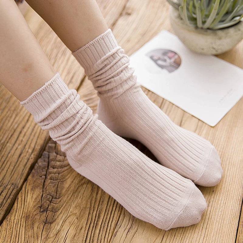 1 Pair Retro Women Cotton Loose Socks Autumn Winter Knitting Solid Color Long Black Korean Japanese Student Girls Stockings
