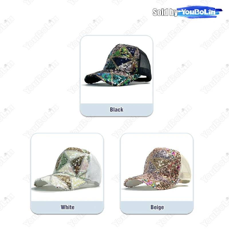 Summer Shiny Sequin Back Mesh Adjustable Cotton Baseball Cap Sun Hat