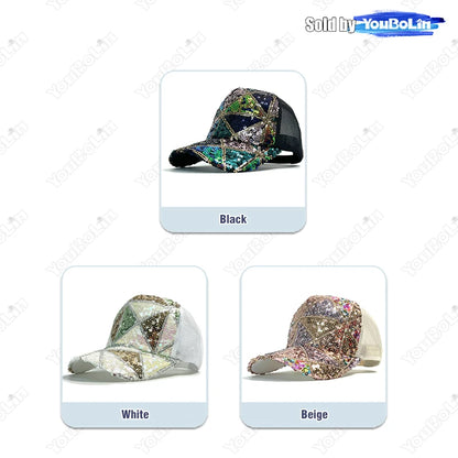 Summer Shiny Sequin Back Mesh Adjustable Cotton Baseball Cap Sun Hat