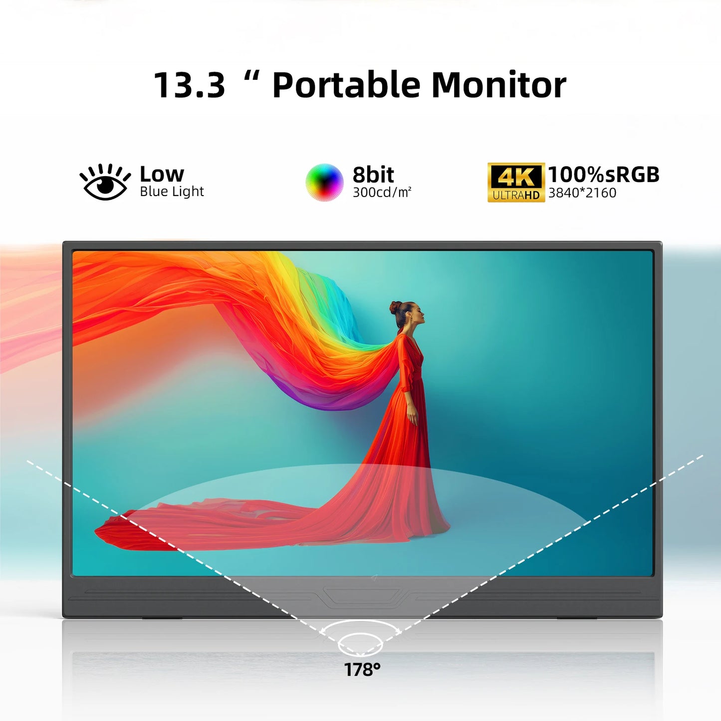 ZSUS 3840*2160 13-inch 4K Portable Monitor 60HZ For Laptop XBox PS4 / 5 Switch TV Box Cell Phone PC Extension Mobile