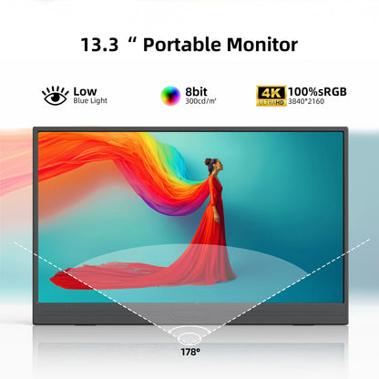 ZSUS 3840*2160 13-inch 4K Portable Monitor 60HZ For Laptop XBox PS4 / 5 Switch TV Box Cell Phone PC Extension Mobile