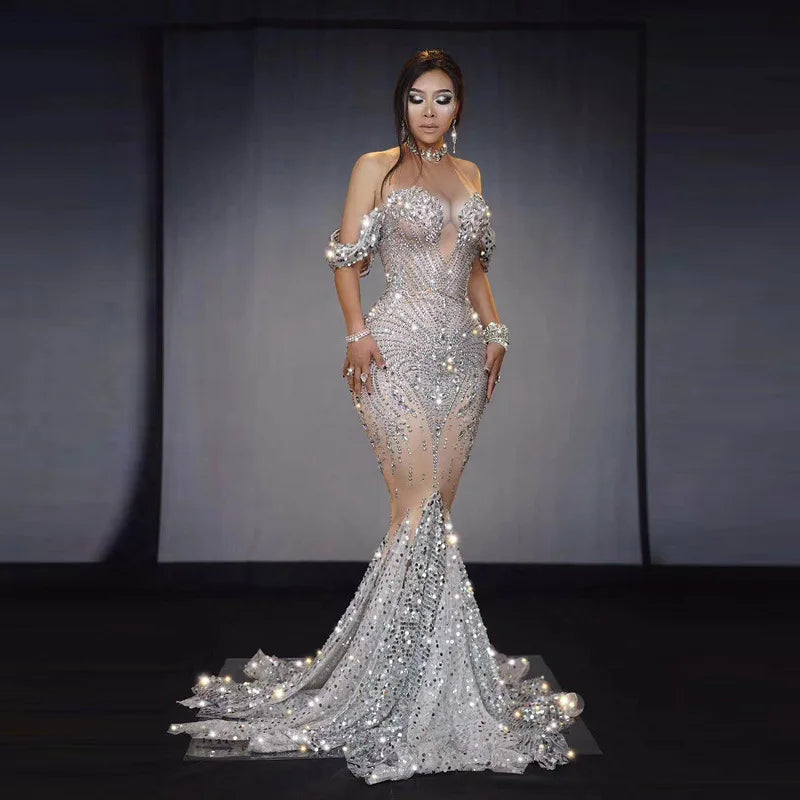 2025 Popular Bright Crystal Sequins Elegant Fishnet Dress, Off-the-shoulder Wedding Dress Women Dresses for Party and Wedding