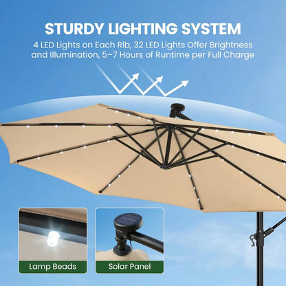 10ft Solar LED Patio Umbrella with Base, 32 LED Lighted Outdoor Offset Cantilever Umbrella with Sturdy 8 Rids, Customized