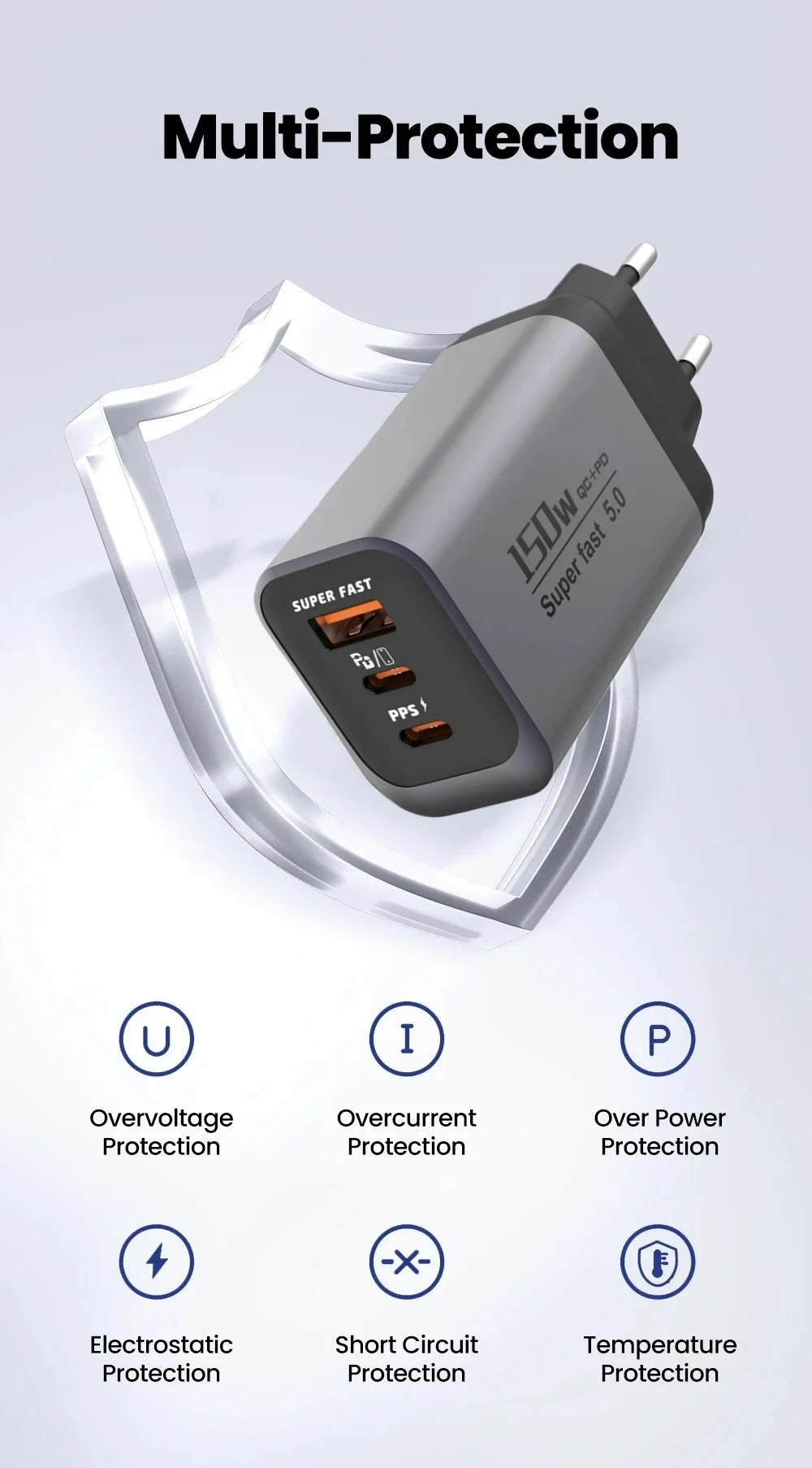 USB Type C 150W Charger USB QC3.0 Fast Charging Mobile Phone Charger Travel Adapter For iPhone 17 Samsung Xiaomi EU/UK/US Plug