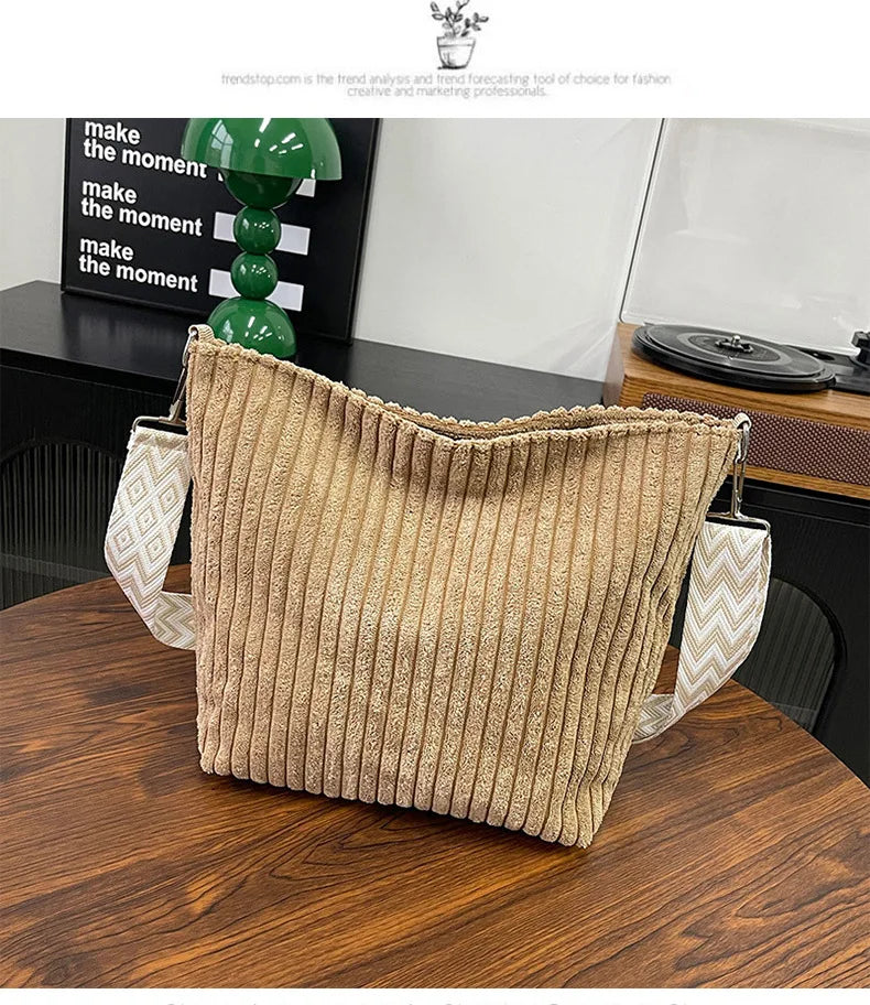 Solid Color Corduroy Messenger Bag Versatile Handbag Women Shoulder Crossbody Bags Casual Chic Bucket Women‘s Bag Bolsos Mujer