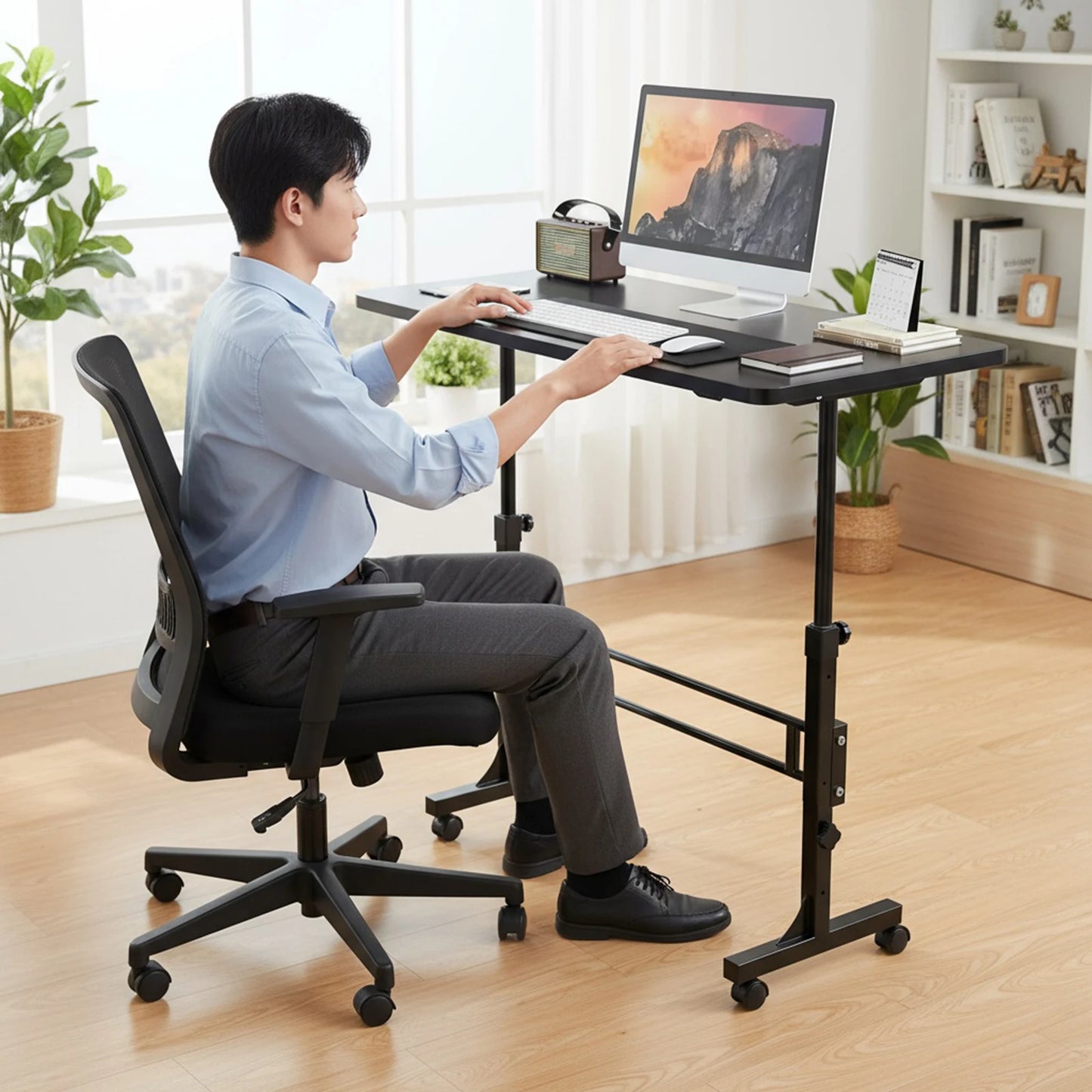 Standing Desk Adjustable Height Mobile Stand Up Desk with Wheels (Black)