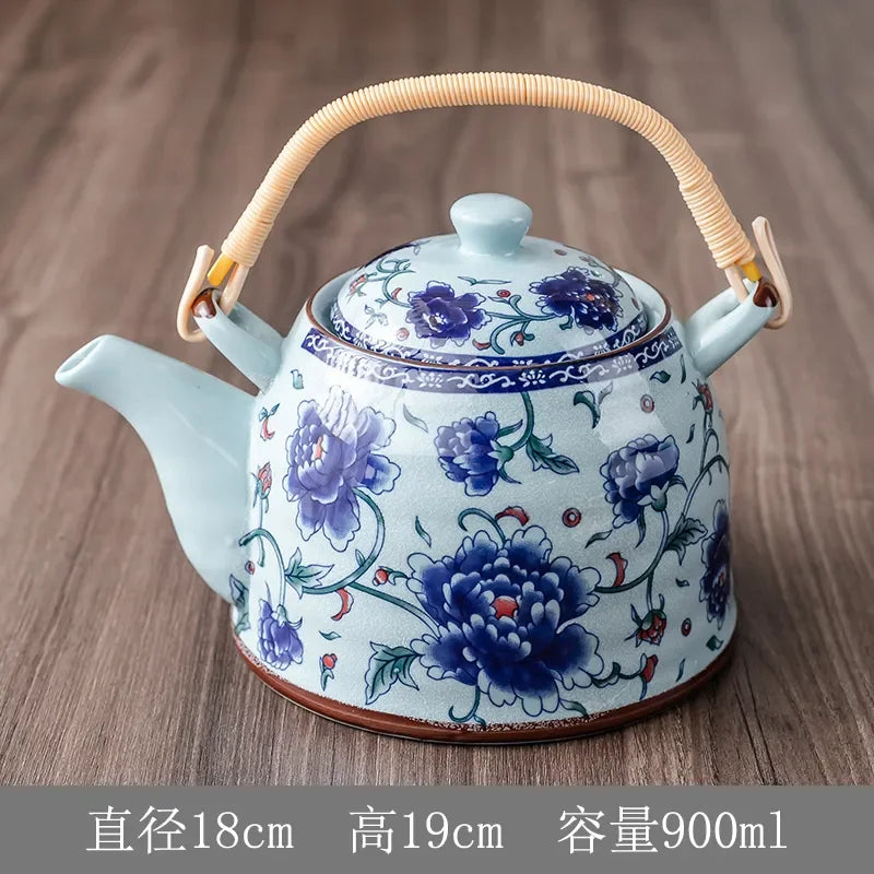 Household Porcelain Teapot Ceramic Large Capacity Pot Blue and White Retro Loop Handle Beam