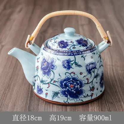 Household Porcelain Teapot Ceramic Large Capacity Pot Blue and White Retro Loop Handle Beam