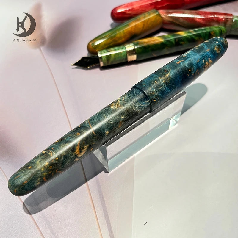Natural Stabilized Wood Fountain Pen, Fine Nib Carving Handcraft Pen with Converter (Grass Green/Red/Blue)