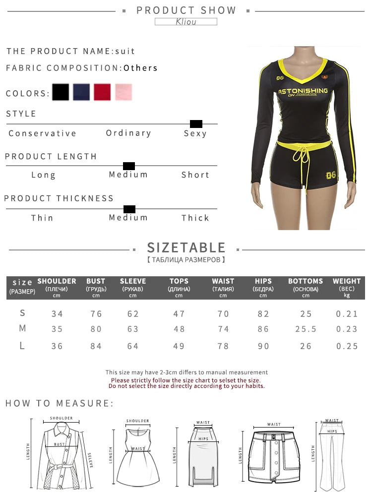 kliou Letter Print Panelled Women 2Piece Set Sporty Autumn Matching Full Sleeve Slim Tees+Bandage Shorts Female Track Streetwear