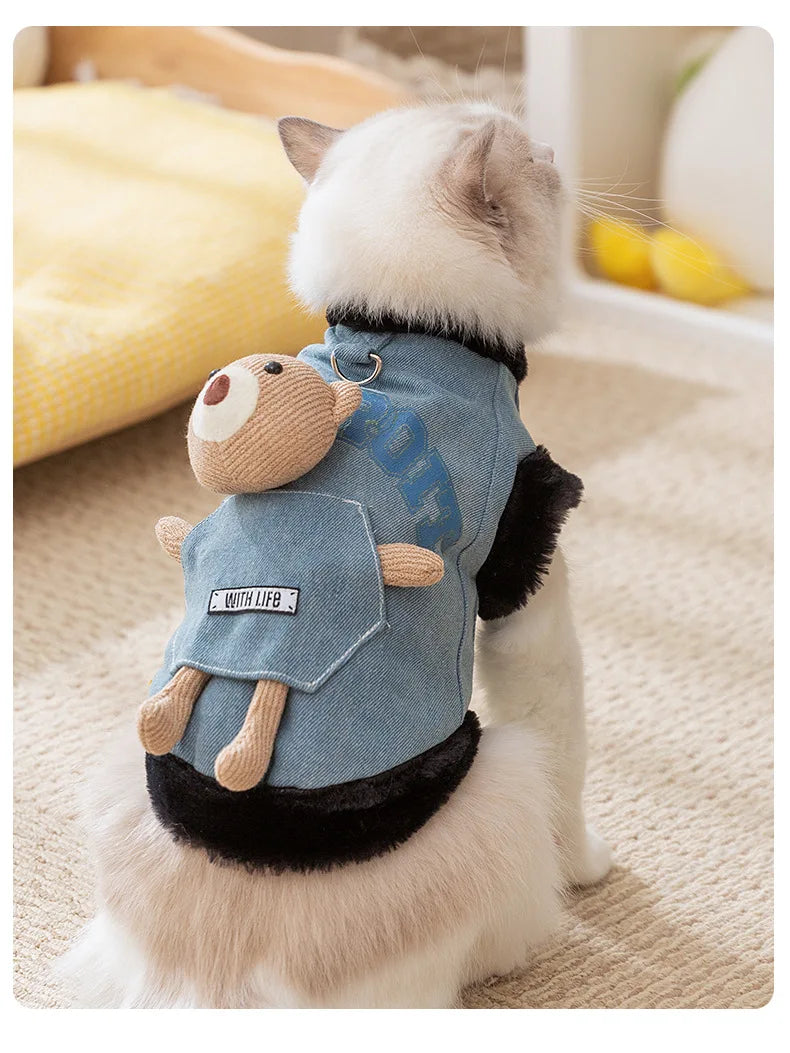 Cat autumn and winter thickened warm pocket three-dimensional bear denim traction vest small dog dog pet clothes
