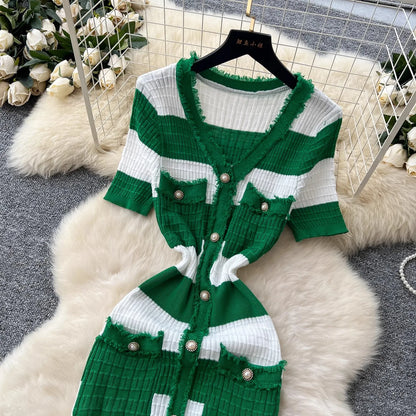 YuooMuoo Chic Fashion Sexy Package Hips Knitted Long Dress 2025 Spring and Summer Elegant Slim Waist Office Lady Sweater Dress