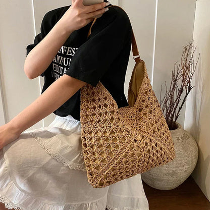 Ladies Knitted Straw Handbag Hollow out Hand Woven Beach Shoulder Bag for Women Seaside Tote Perfect for Vacations
